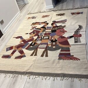 Wool Blanket Rug 7. 25” x 5.75 ‘ Hand Tied Aztec with Tassels